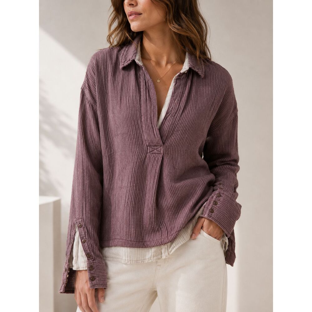 Free People Purple White Stripe Tunic Top Women's M Layered Boho Oversized Shirt